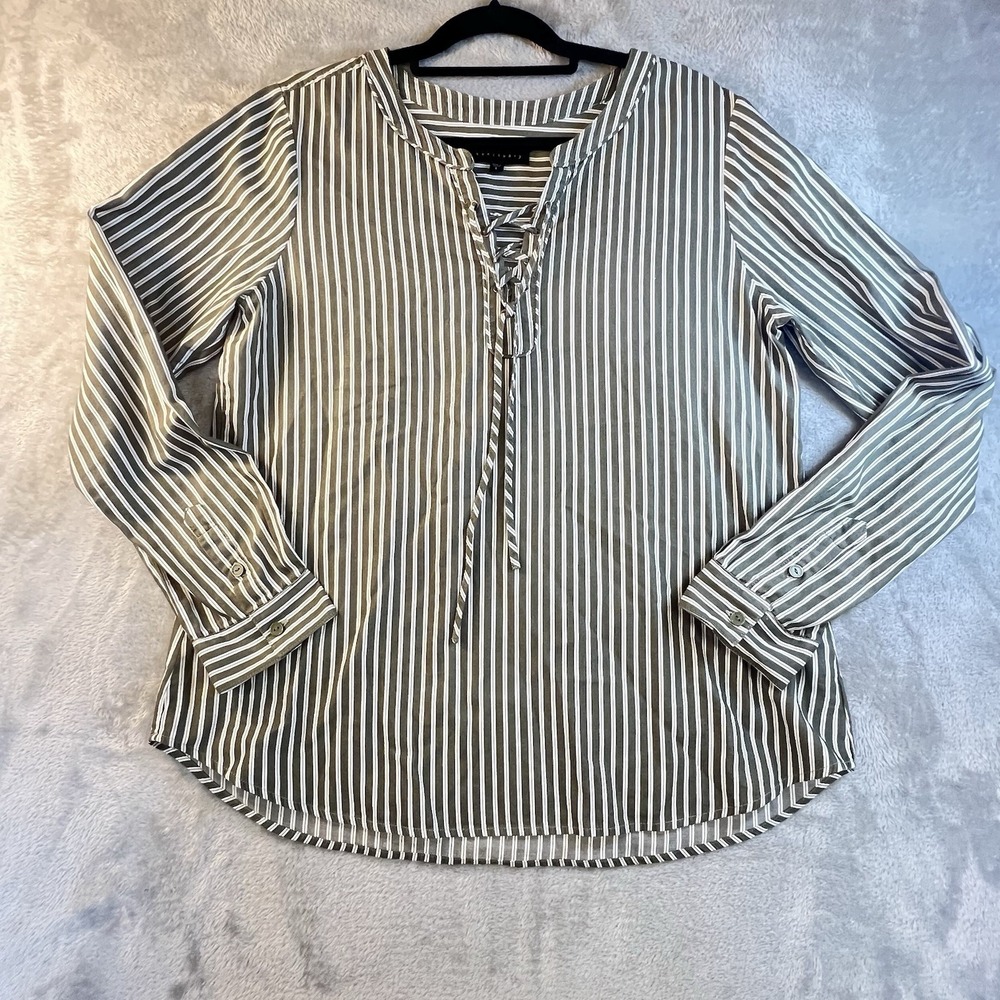 Sanctuary Top Shirt Womens L White Green Stripe Linen Lace Up Neck Boho Casual